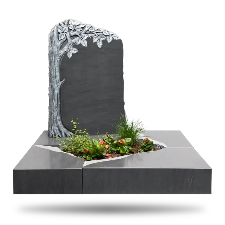 Grabmal aus Naturstein mit Baumelement und Blumen